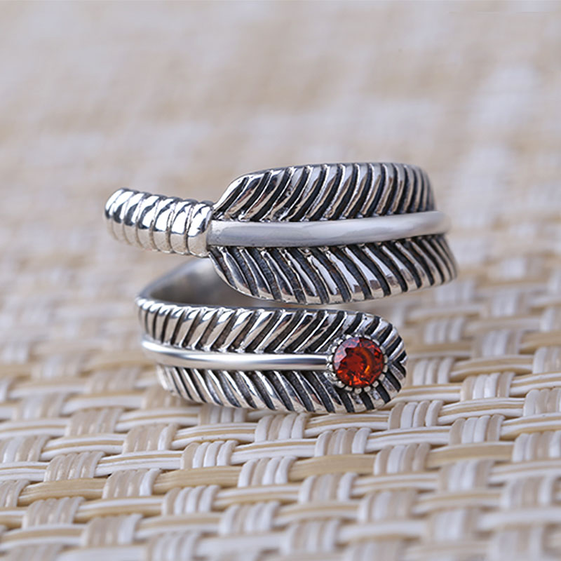 Retro 925 Sterling Silver Feather Opening Ring With Ruby